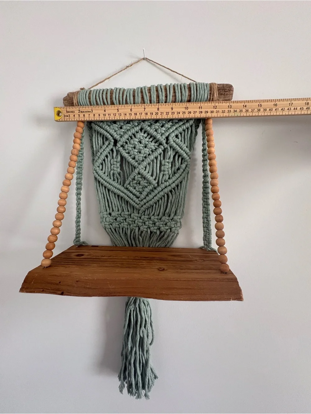 Handmade Macramé Wall Shelf in Sage Green with Wooden Beads
